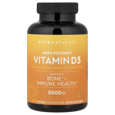 Viva Naturals - Vitamin D3 with Organic Liquid Coconut Oil | 125 mcg (5 | 000 IU) | 360 Capsules