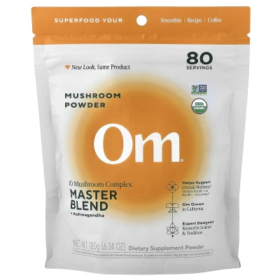 Om Mushrooms - Mushroom Powder | 10 Mushroom Complex | Master Blend + Ashwagandha | 6.34 oz (180 g)