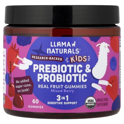 Llama Naturals - Kids Prebiotic & Probiotic | Real Fruit Gummies | Mixed Berry | 60 Gummies