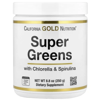 California Gold Nutrition - Super Greens with Spirulina | Chlorella | Kelp | and Apple Pectin | 250 g