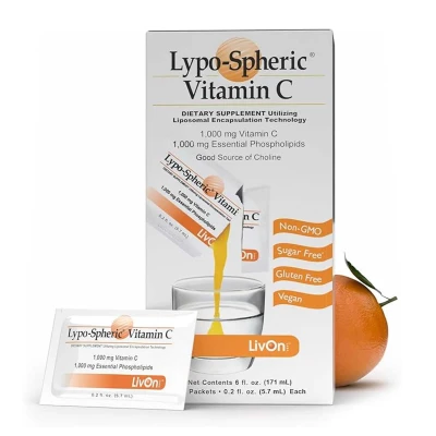 Livon Laboratories Lypo-Spheric Vitamin C Dietary Supplement Utilizing Liposomal Encapsulation Technology 1,000 Mg Vitamin C 1,000 Mg Essential Phospholipids Good Source of Choline 30 Packets 5.7ml Each