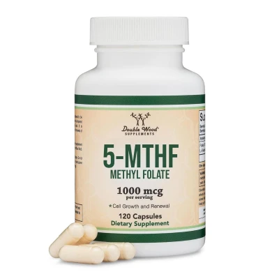 Double Wood Supplements 5-Mthf Methyl Folate 1000 Mcg per Serving Cell Growth and Renewal Dietary Supplement 120 Capsules