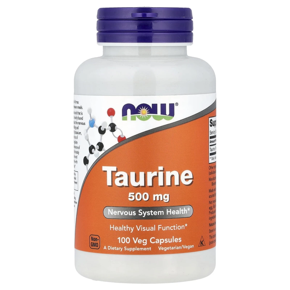 NOW Foods Taurine 500 mg Nervous System Support 100 Veg Capsules image 1
