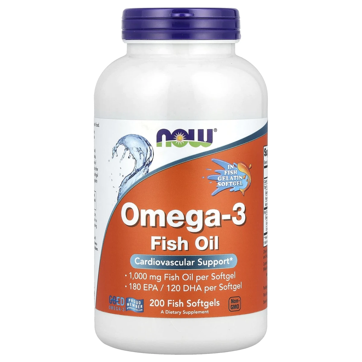 NOW Foods Molecularly Distilled Omega-3 Fish Oil 100mg Cardiovascular Support 200 Softgels image 1