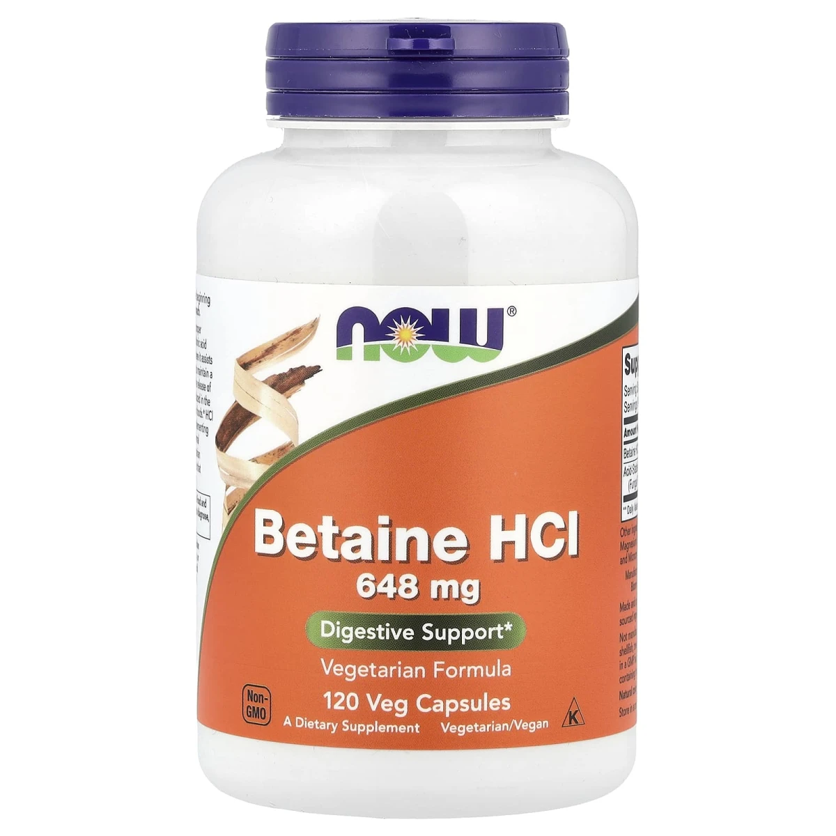 NOW Foods Betaine HCl 648mg Digestive Support 120 Veg Capsules image 1