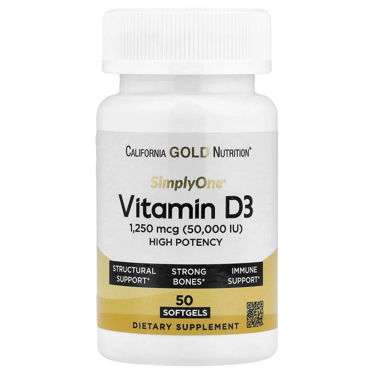 California Gold Nutrition Simply One Vitamin D3 1250mcg (50000 Iu) 50 Capsules image 1