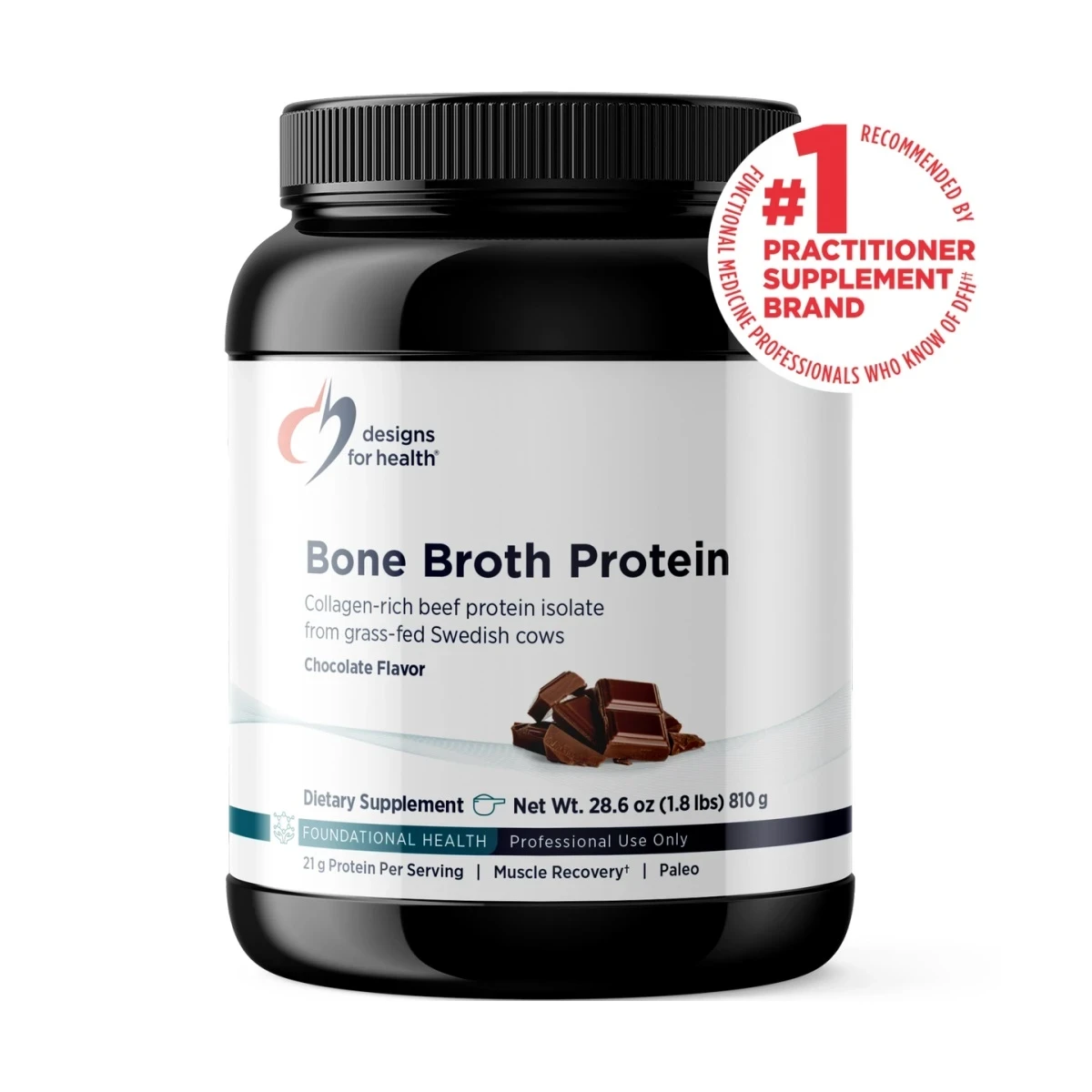 Designs For Health Bone Broth Protein Chocolate 28.6oz (1.8ibs) 810g Powder image 1