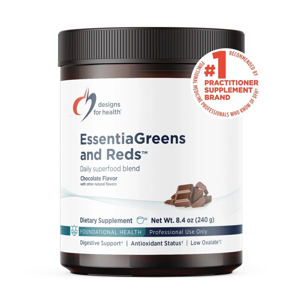 Designs For Health Essentiagreens And Reds Chocolate 8.4 Oz 240g powder image 1